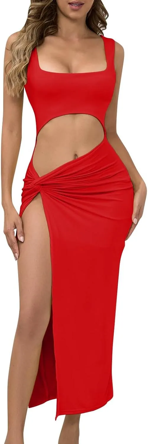 Women Dresses Elegant Square Neck Sleeveless Bodycon Split Ruched Cutout Long Formal Evening Twist Knot Party Dress