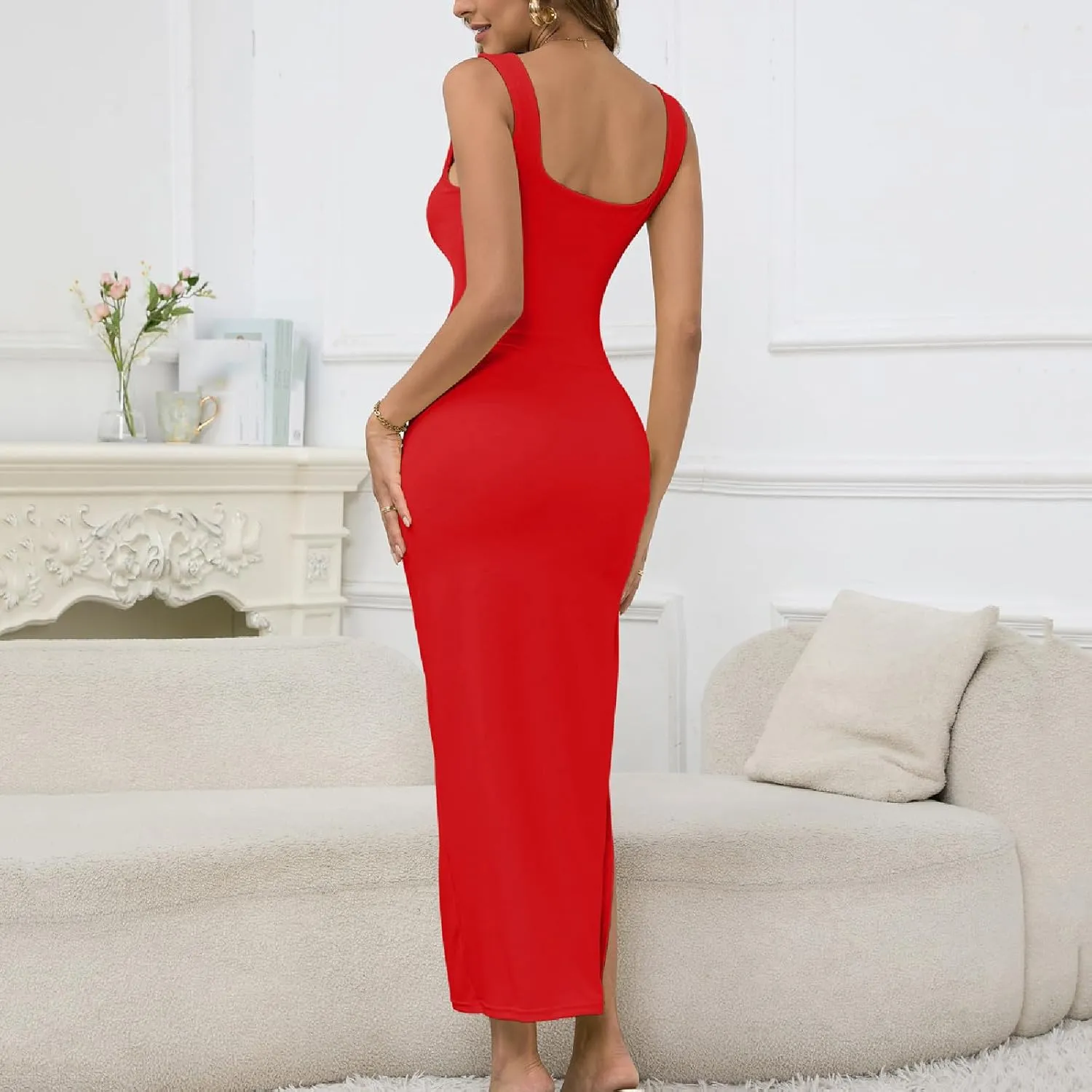 Women Dresses Elegant Square Neck Sleeveless Bodycon Split Ruched Cutout Long Formal Evening Twist Knot Party Dress