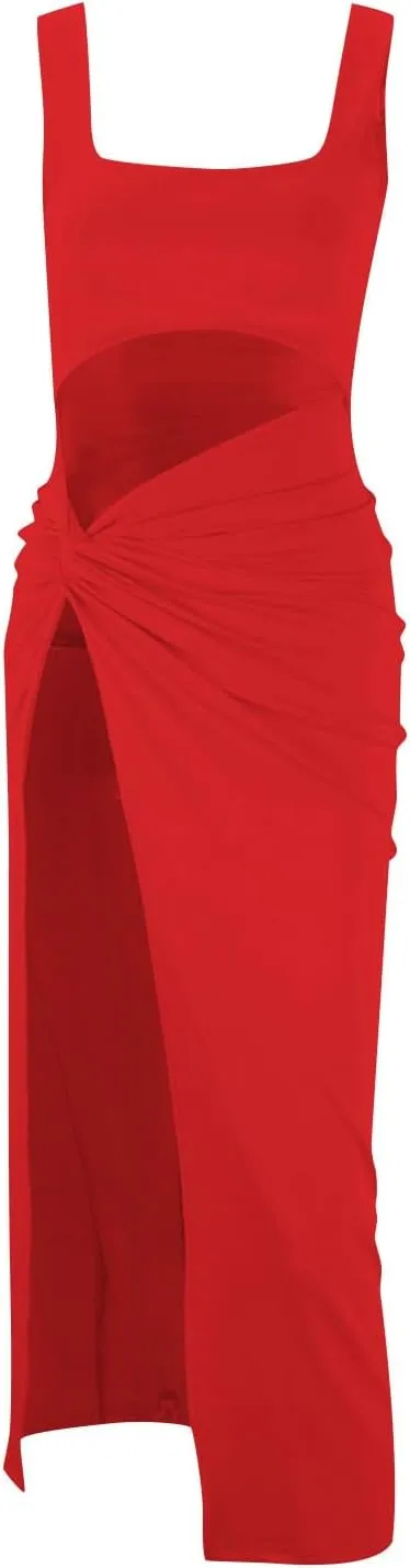 Women Dresses Elegant Square Neck Sleeveless Bodycon Split Ruched Cutout Long Formal Evening Twist Knot Party Dress