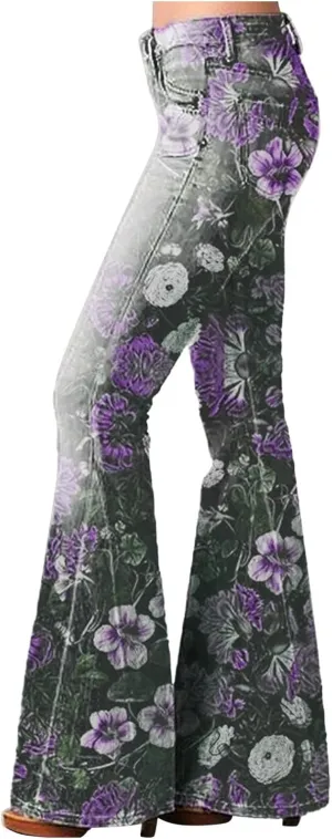 Women Flare Tapered Jeans Floral Print Lace High Waisted Trousers Gradient Color Bell Bottom Denim Pants with Pocket
