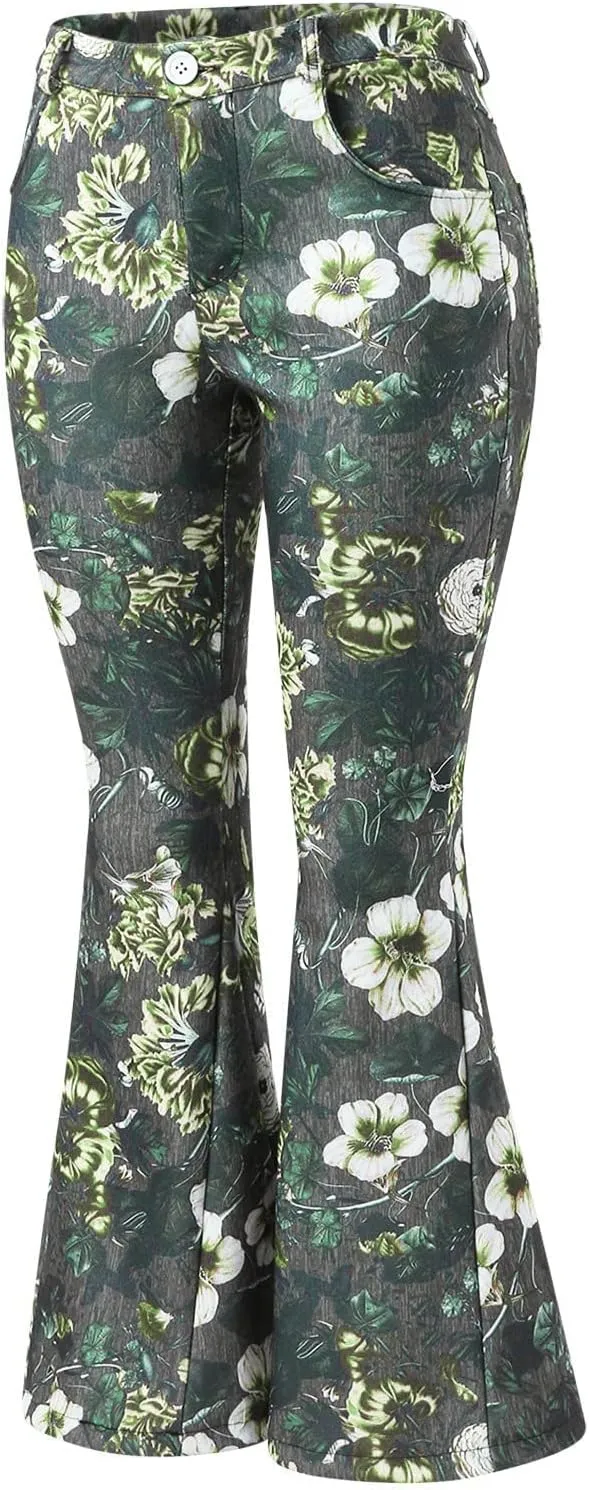 Women Flare Tapered Jeans Floral Print Lace High Waisted Trousers Gradient Color Bell Bottom Denim Pants with Pocket