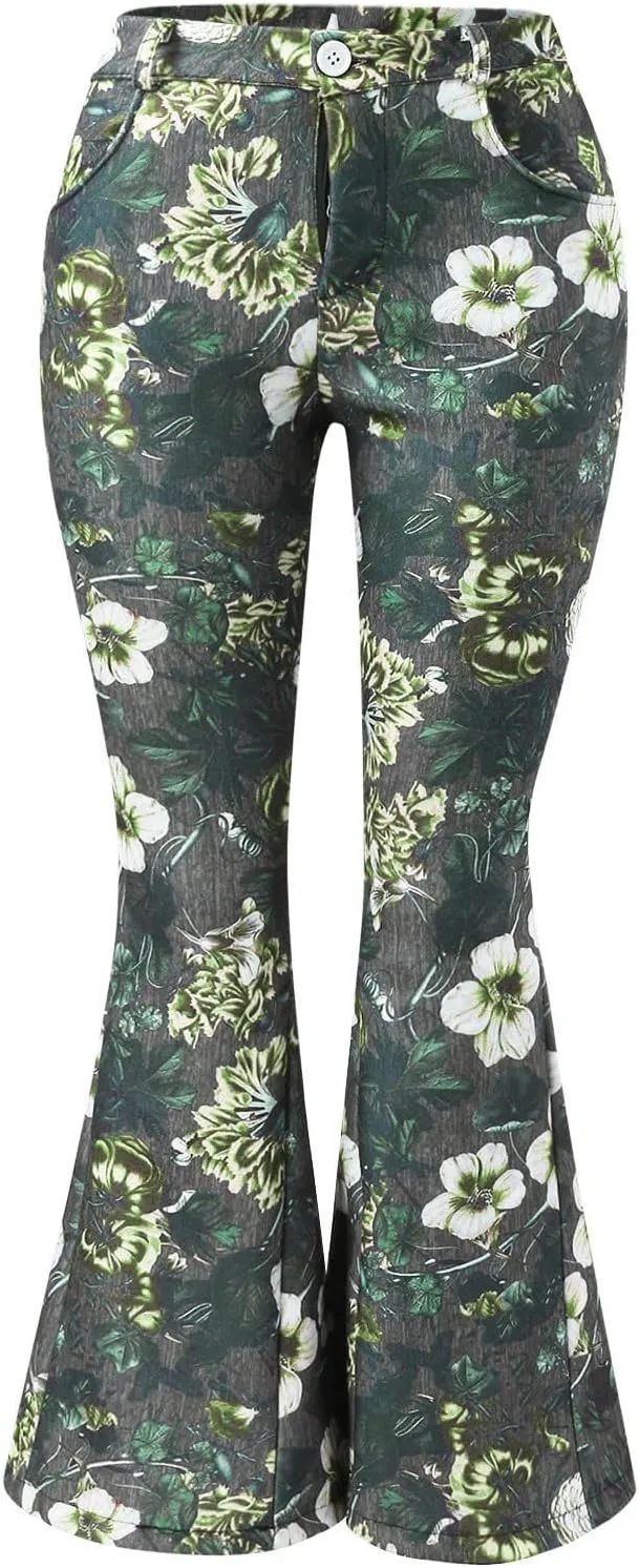 Women Flare Tapered Jeans Floral Print Lace High Waisted Trousers Gradient Color Bell Bottom Denim Pants with Pocket