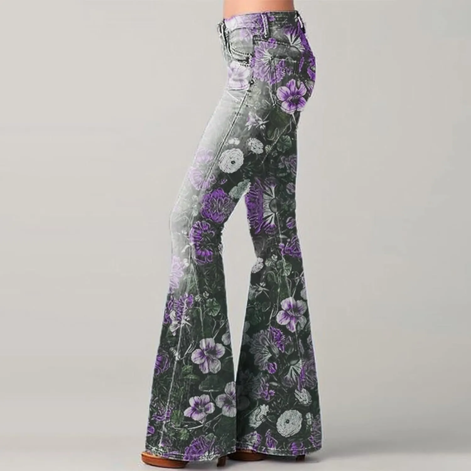 Women Flare Tapered Jeans Floral Print Lace High Waisted Trousers Gradient Color Bell Bottom Denim Pants with Pocket