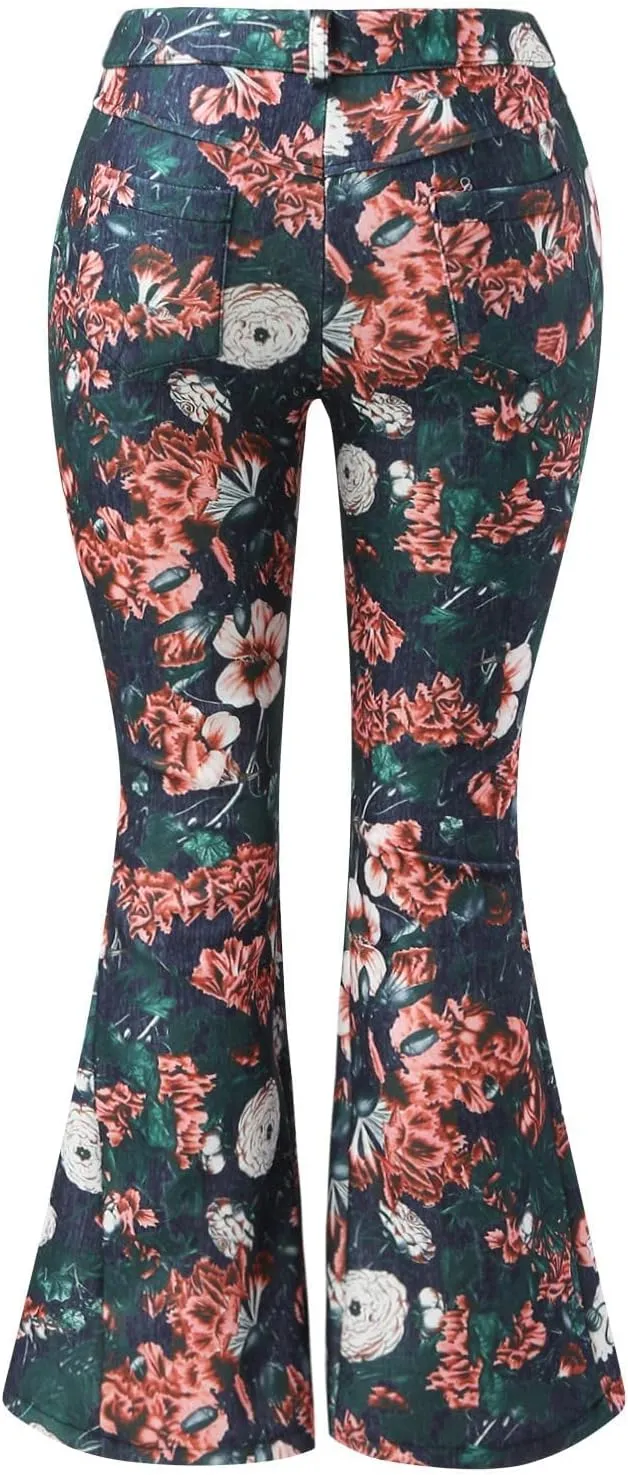 Women Flare Tapered Jeans Floral Print Lace High Waisted Trousers Gradient Color Bell Bottom Denim Pants with Pocket