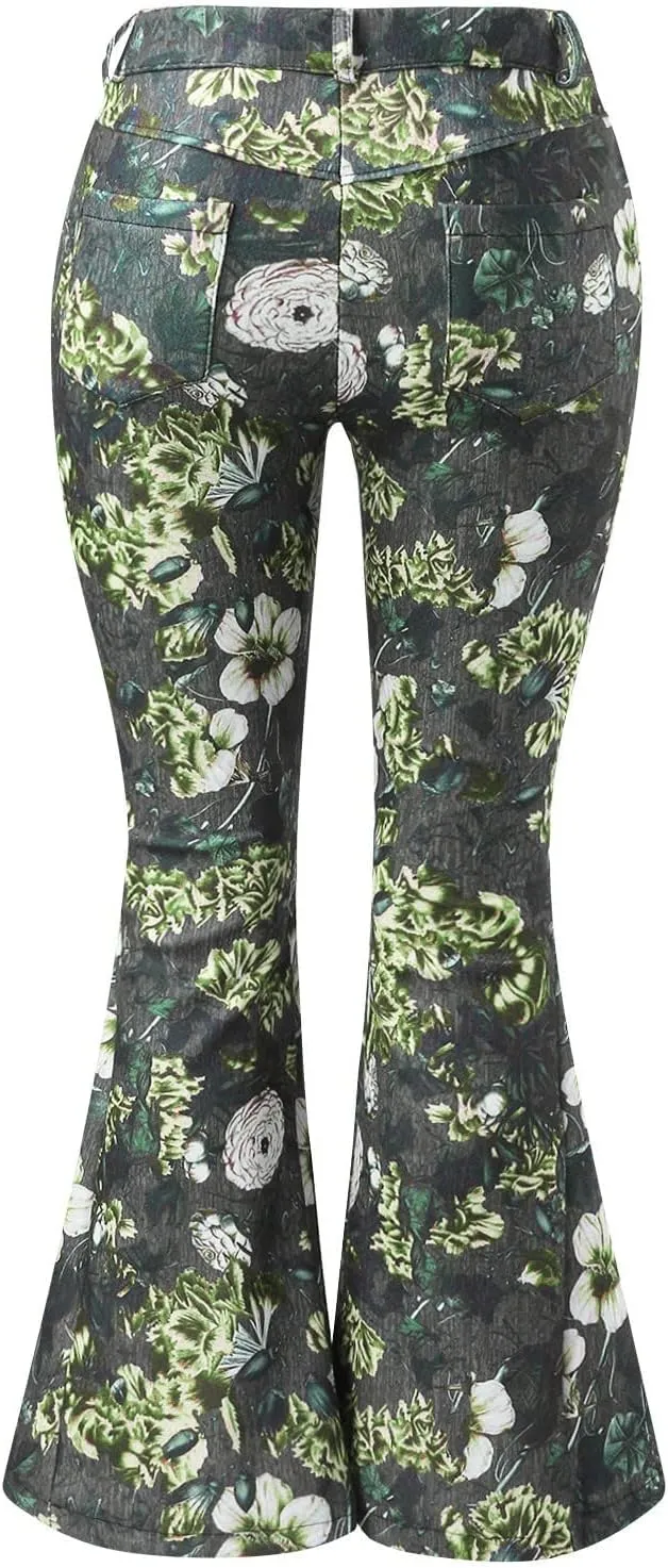 Women Flare Tapered Jeans Floral Print Lace High Waisted Trousers Gradient Color Bell Bottom Denim Pants with Pocket