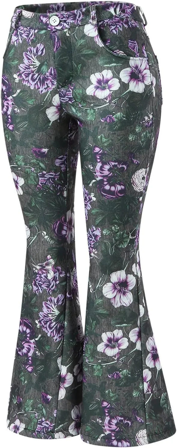 Women Flare Tapered Jeans Floral Print Lace High Waisted Trousers Gradient Color Bell Bottom Denim Pants with Pocket