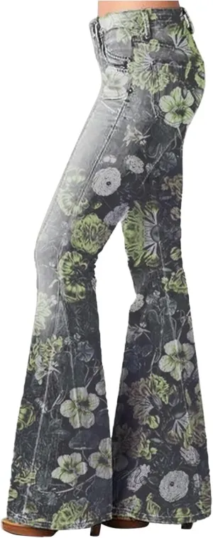 Women Flare Tapered Jeans Floral Print Lace High Waisted Trousers Gradient Color Bell Bottom Denim Pants with Pocket