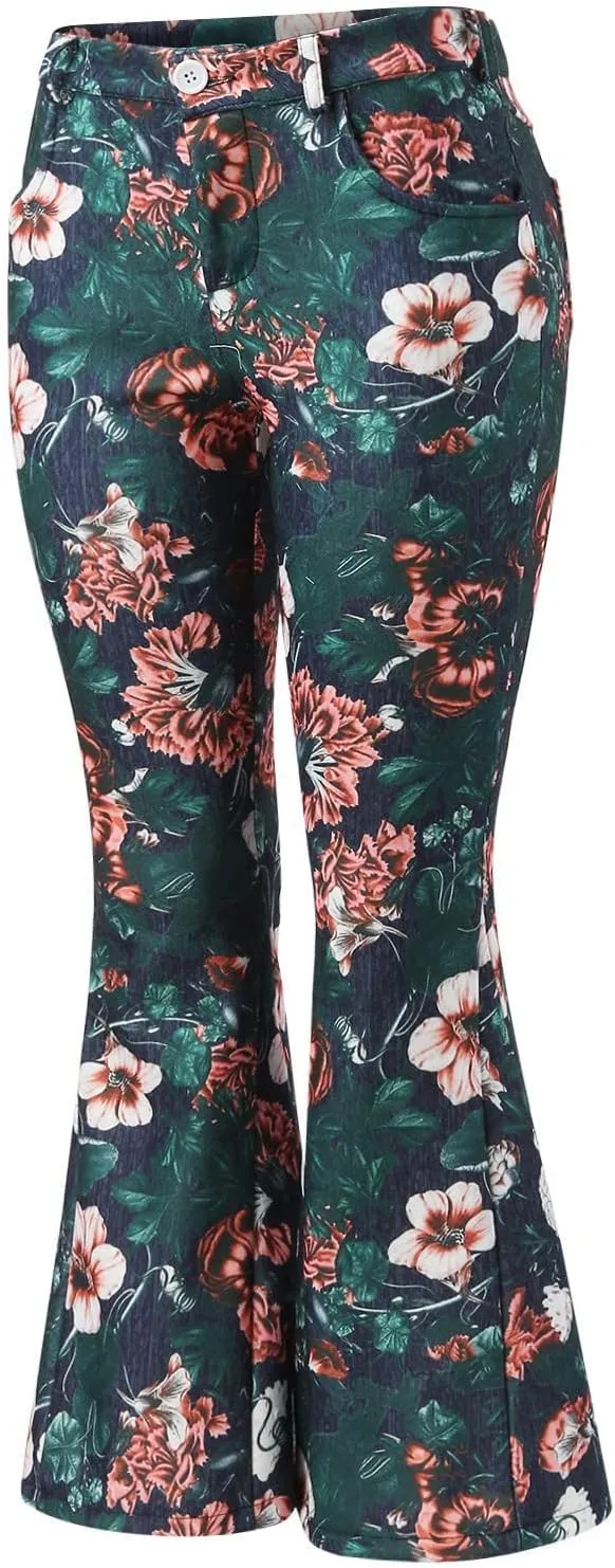 Women Flare Tapered Jeans Floral Print Lace High Waisted Trousers Gradient Color Bell Bottom Denim Pants with Pocket
