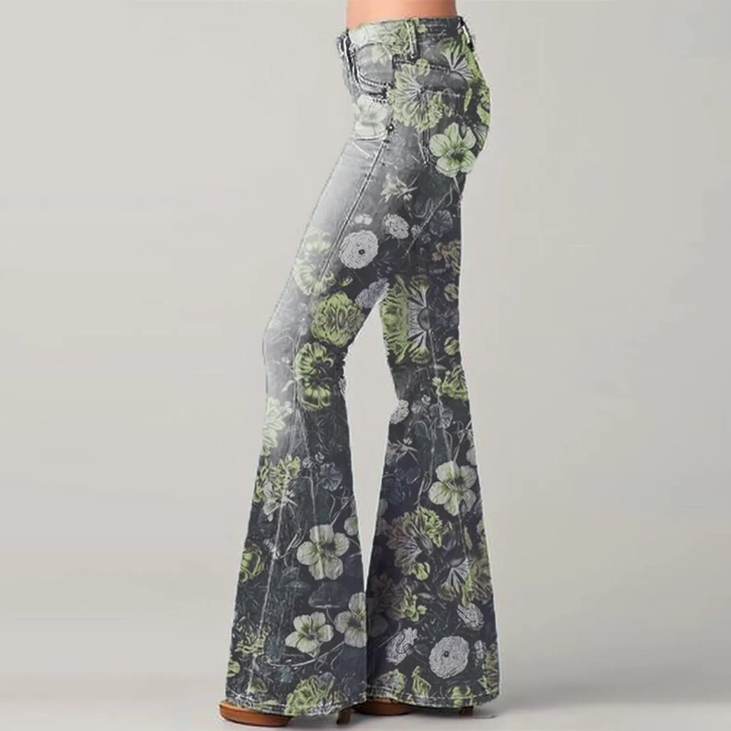 Women Flare Tapered Jeans Floral Print Lace High Waisted Trousers Gradient Color Bell Bottom Denim Pants with Pocket