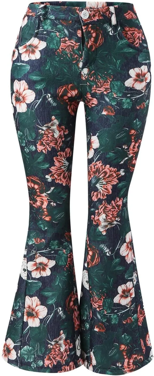 Women Flare Tapered Jeans Floral Print Lace High Waisted Trousers Gradient Color Bell Bottom Denim Pants with Pocket