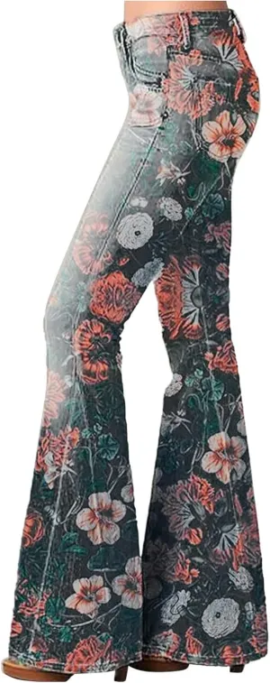 Women Flare Tapered Jeans Floral Print Lace High Waisted Trousers Gradient Color Bell Bottom Denim Pants with Pocket