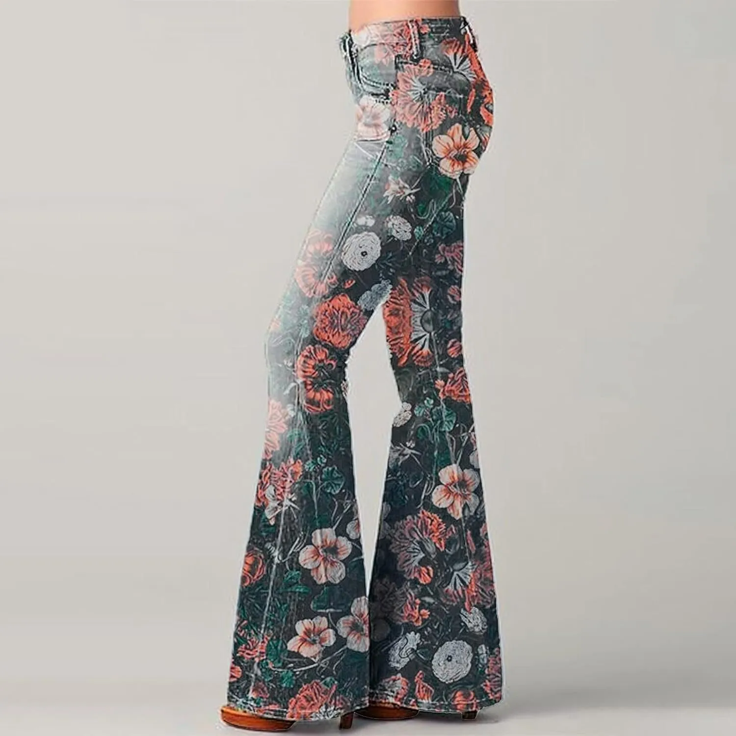 Women Flare Tapered Jeans Floral Print Lace High Waisted Trousers Gradient Color Bell Bottom Denim Pants with Pocket