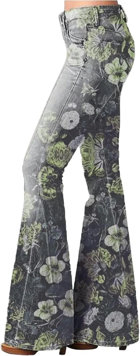 Women Flare Tapered Jeans Floral Print Lace High Waisted Trousers Gradient Color Bell Bottom Denim Pants with Pocket