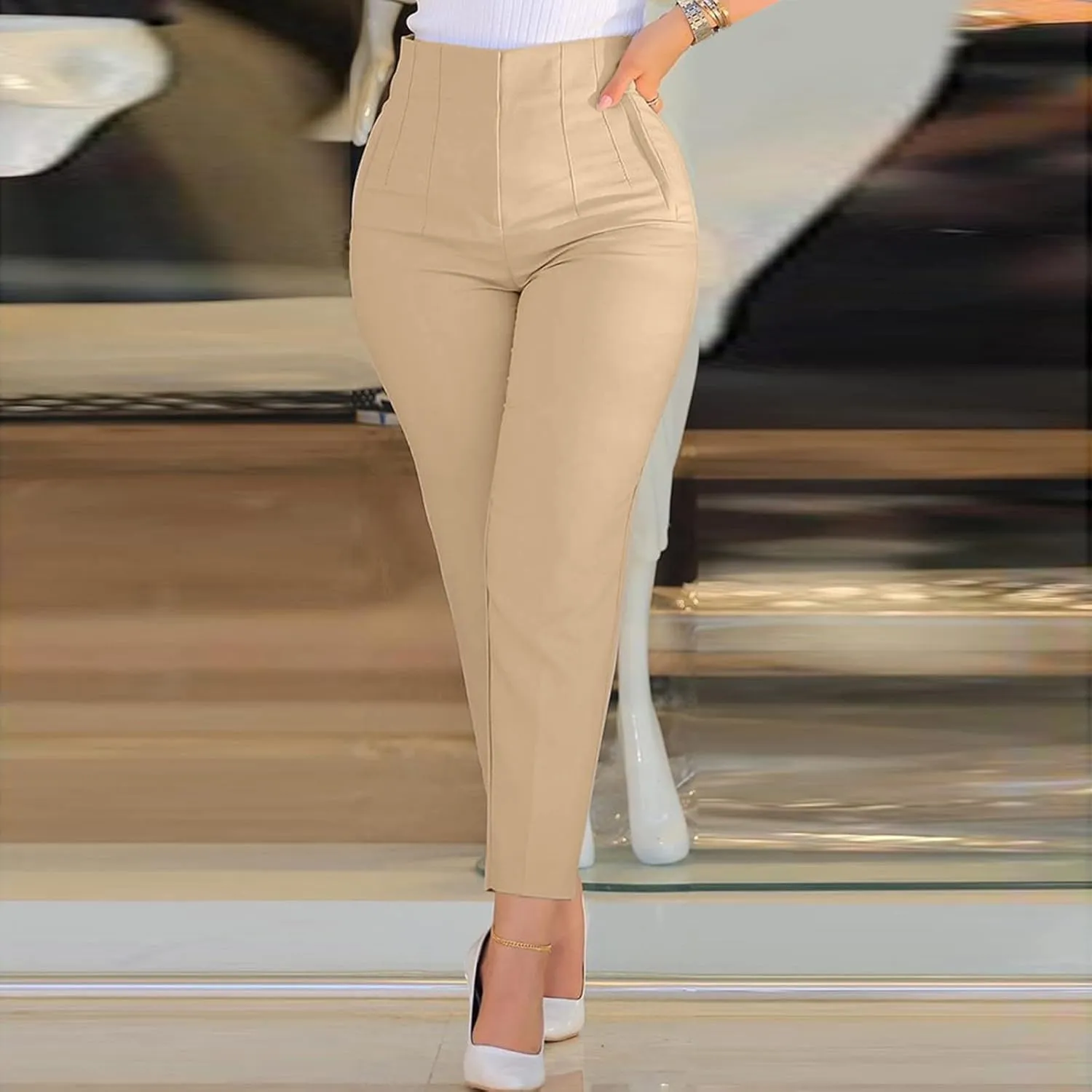 Women High Waist Dress Pants Business Office Zip Slim Skinny Dressy Trousers Solid Comfy Work Pant with Pockets 2024