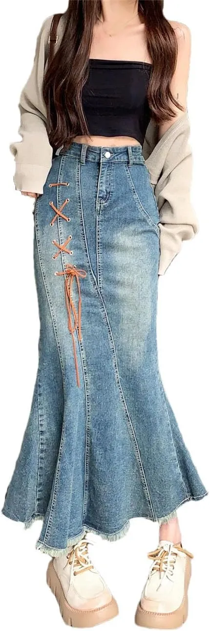 Women High Waist Pleated Ruffled Denim Skirts Solid Slim Hip Mermaid Skirt