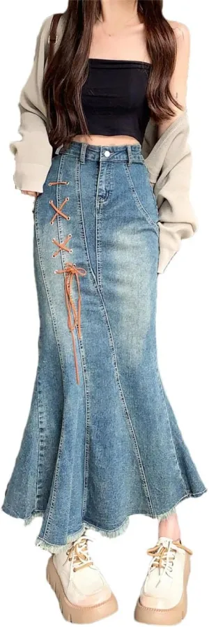 Women High Waist Pleated Ruffled Denim Skirts Solid Slim Hip Mermaid Skirt