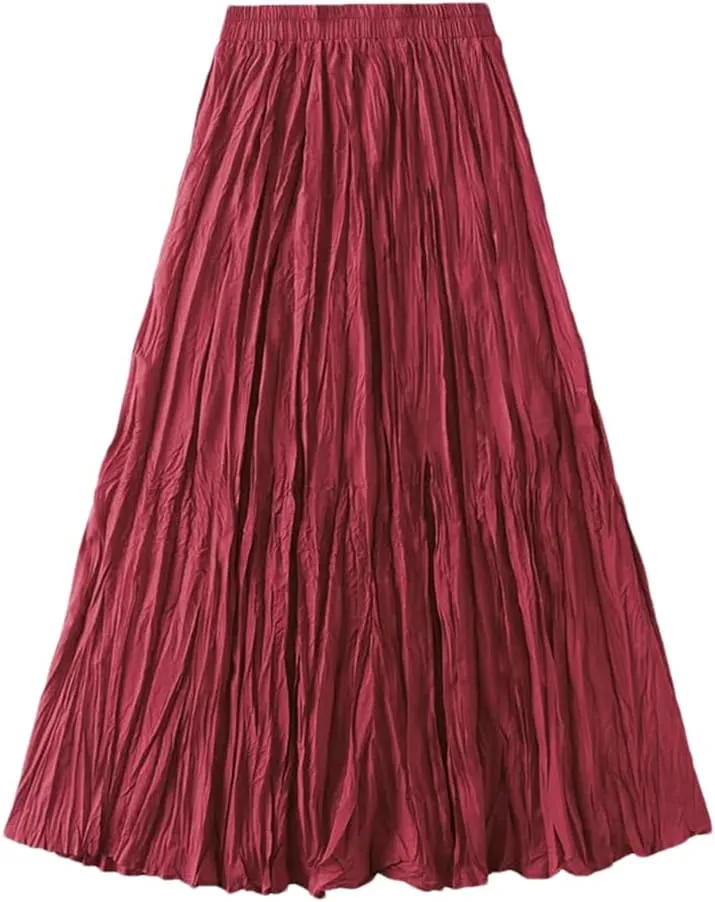 Women High Waist Pleated Skirt Long Maxi Folds Skirt Aesthetic A Line Lady Long Skirts