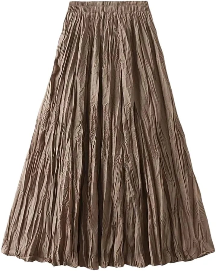 Women High Waist Pleated Skirt Long Maxi Folds Skirt Aesthetic A Line Lady Long Skirts