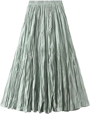 Women High Waist Pleated Skirt Long Maxi Folds Skirt Aesthetic A Line Lady Long Skirts