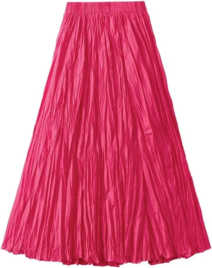 Women High Waist Pleated Skirt Long Maxi Folds Skirt Aesthetic A Line Lady Long Skirts