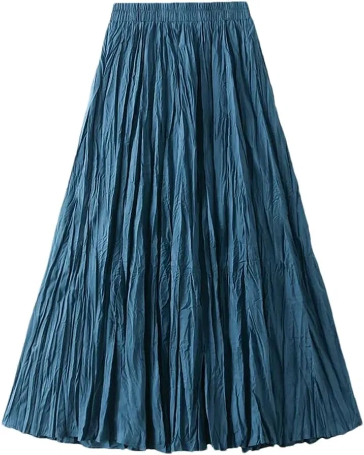 Women High Waist Pleated Skirt Long Maxi Folds Skirt Aesthetic A Line Lady Long Skirts