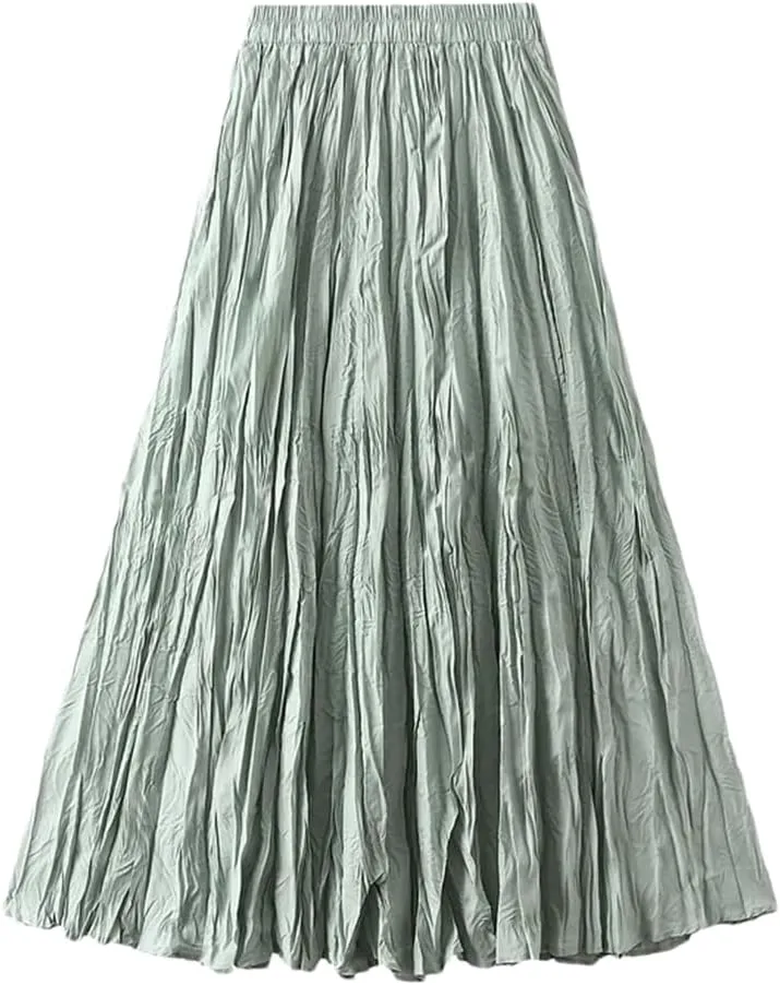 Women High Waist Pleated Skirt Long Maxi Folds Skirt Aesthetic A Line Lady Long Skirts