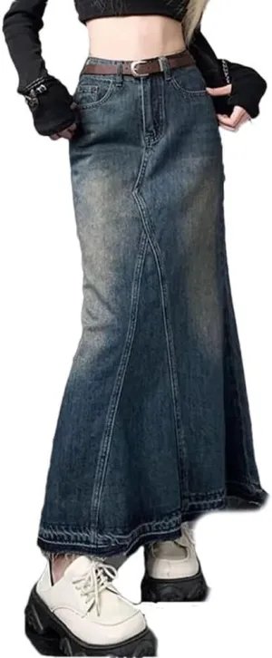 Women High-Waisted Denim Skirt Vintage Streetwear Tight Bodycon Long Skirts