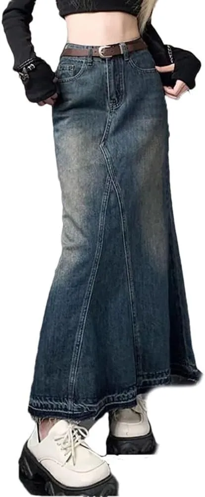 Women High-Waisted Denim Skirt Vintage Streetwear Tight Bodycon Long Skirts