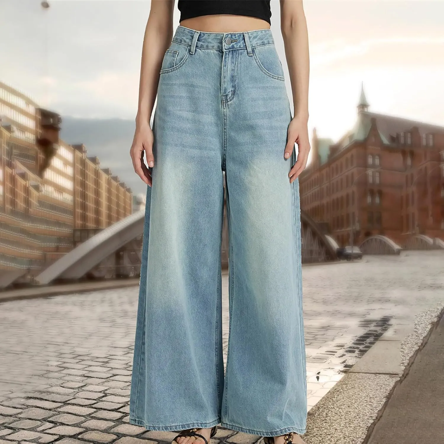 Women High Waisted Wide Leg Jeans Boyfriend Baggy Y2K Denim Pants Loose Palazzo Pants, Women's Trendy Denim Trousers