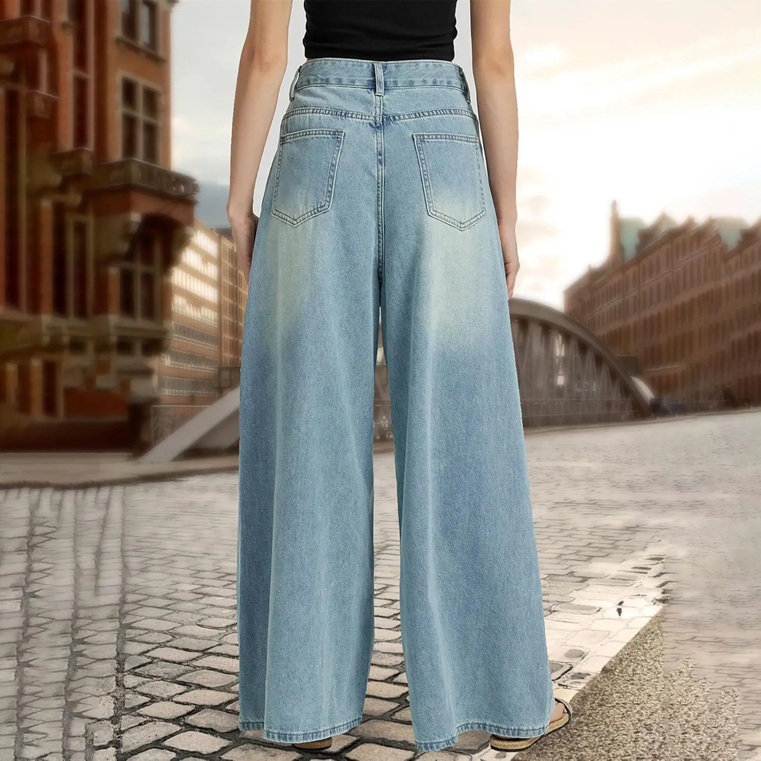 Women High Waisted Wide Leg Jeans Boyfriend Baggy Y2K Denim Pants Loose Palazzo Pants, Women's Trendy Denim Trousers