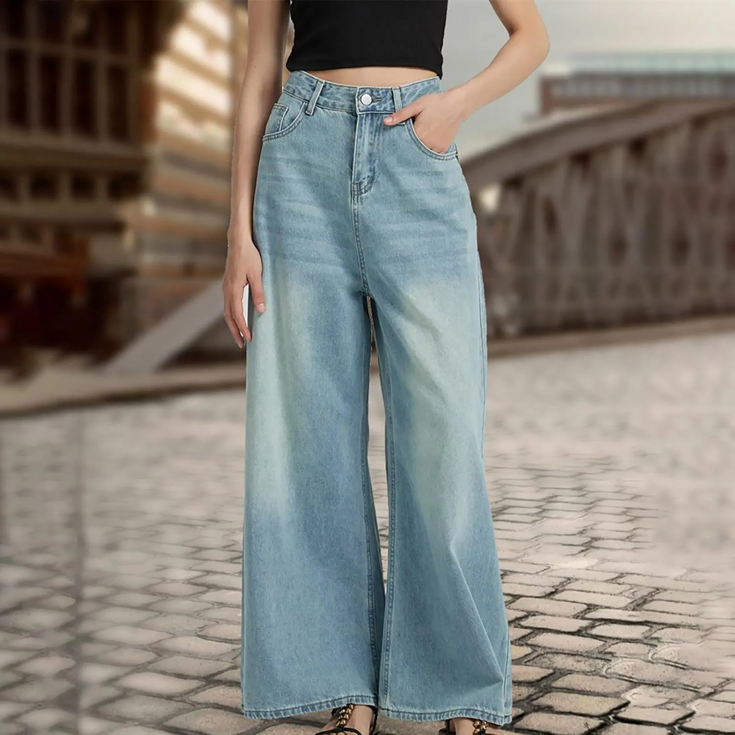 Women High Waisted Wide Leg Jeans Boyfriend Baggy Y2K Denim Pants Loose Palazzo Pants, Women's Trendy Denim Trousers