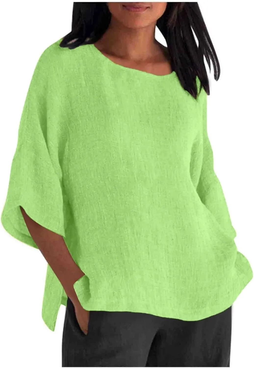 Women Linen Shirts V Neck Buttons Blouses Solid Color Soft Tee Shirt Long Sleeve Loose Fit Shirt