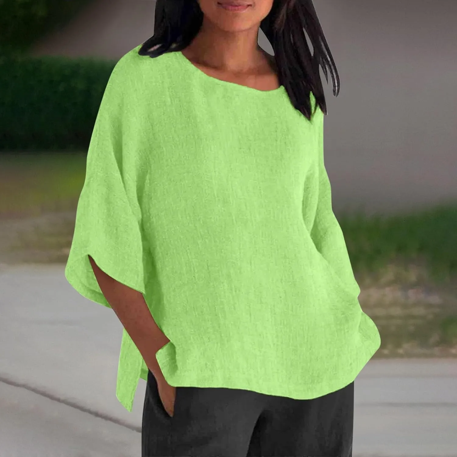Women Linen Shirts V Neck Buttons Blouses Solid Color Soft Tee Shirt Long Sleeve Loose Fit Shirt