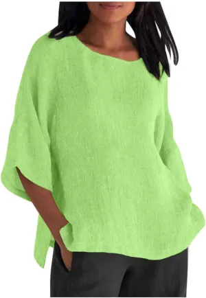 Women Linen Shirts V Neck Buttons Blouses Solid Color Soft Tee Shirt Long Sleeve Loose Fit Shirt