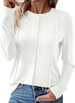 Women Long Sleeve Crewneck T Shirt Fall Casual Loose Fit Pleated Knit Blouse 2024 Trendy Cozy Soft Solid Color Clothe