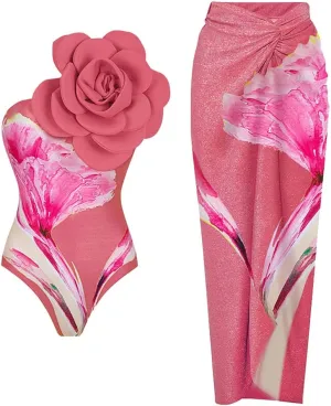 Women One-Piece Swimsuit with Cover up Sarong Wrap Skirt 2PCS Floral Bathing Suits Summer Holiday Beachwear