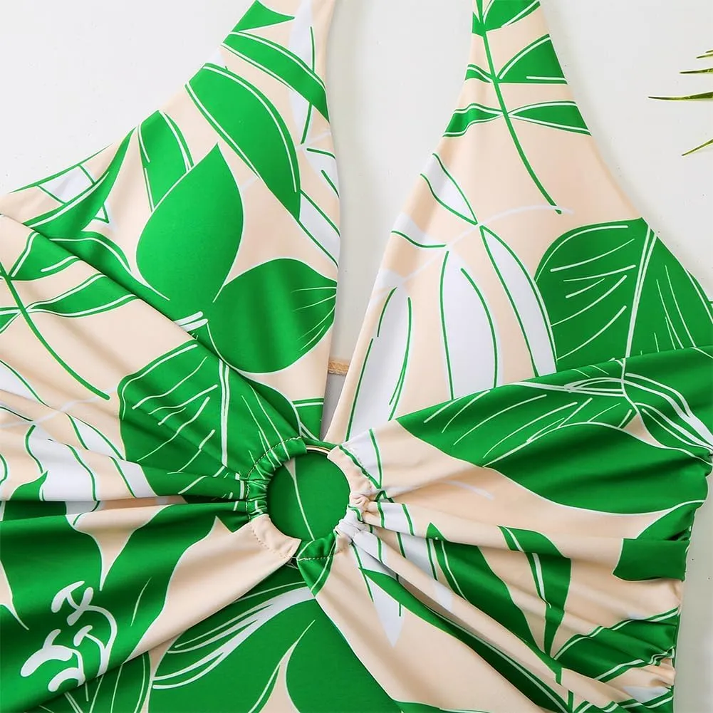 Women One-Piece Swimsuit with Cover up Sarong Wrap Skirt 2PCS Floral Bathing Suits Summer Holiday Beachwear