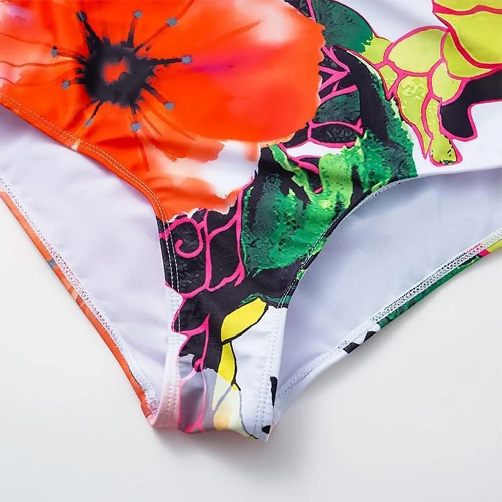 Women One-Piece Swimsuit with Cover up Sarong Wrap Skirt 2PCS Floral Bathing Suits Summer Holiday Beachwear