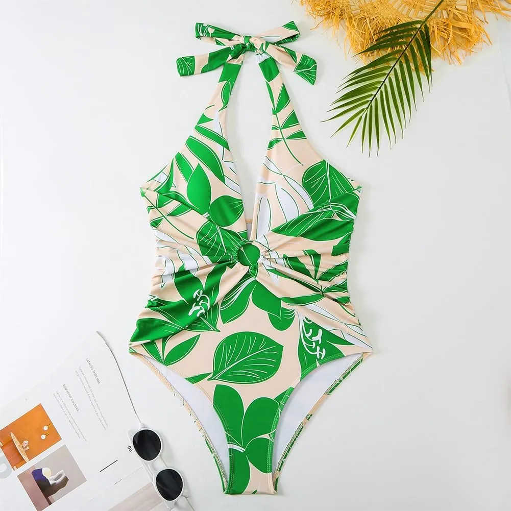 Women One-Piece Swimsuit with Cover up Sarong Wrap Skirt 2PCS Floral Bathing Suits Summer Holiday Beachwear