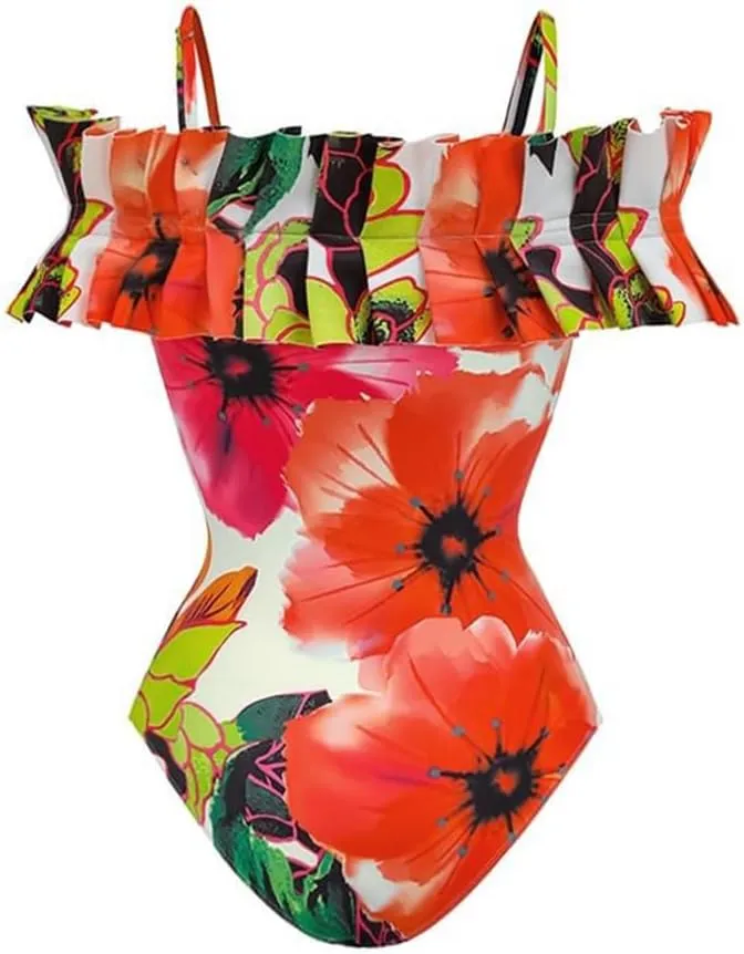 Women One-Piece Swimsuit with Cover up Sarong Wrap Skirt 2PCS Floral Bathing Suits Summer Holiday Beachwear