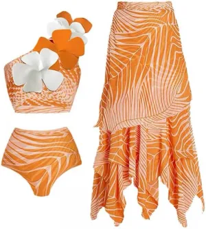 Women One-Piece Swimsuit with Cover up Sarong Wrap Skirt 2PCS Floral Bathing Suits Summer Holiday Beachwear