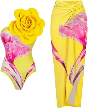 Women One-Piece Swimsuit with Cover up Sarong Wrap Skirt 2PCS Floral Bathing Suits Summer Holiday Beachwear