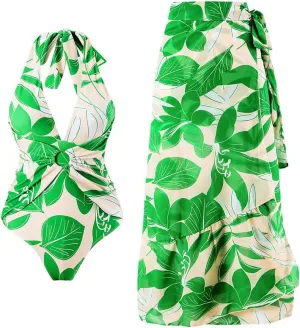 Women One-Piece Swimsuit with Cover up Sarong Wrap Skirt 2PCS Floral Bathing Suits Summer Holiday Beachwear