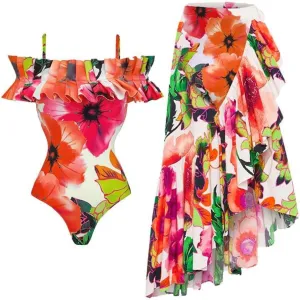 Women One-Piece Swimsuit with Cover up Sarong Wrap Skirt 2PCS Floral Bathing Suits Summer Holiday Beachwear