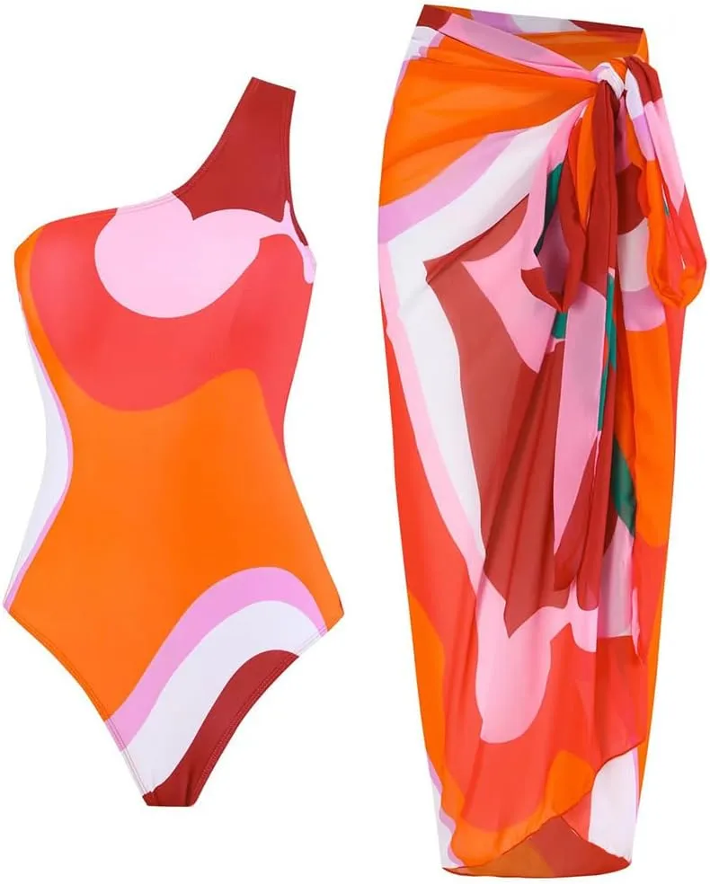 Women One-Piece Swimsuit with Cover up Sarong Wrap Skirt 2PCS Floral Bathing Suits Summer Holiday Beachwear