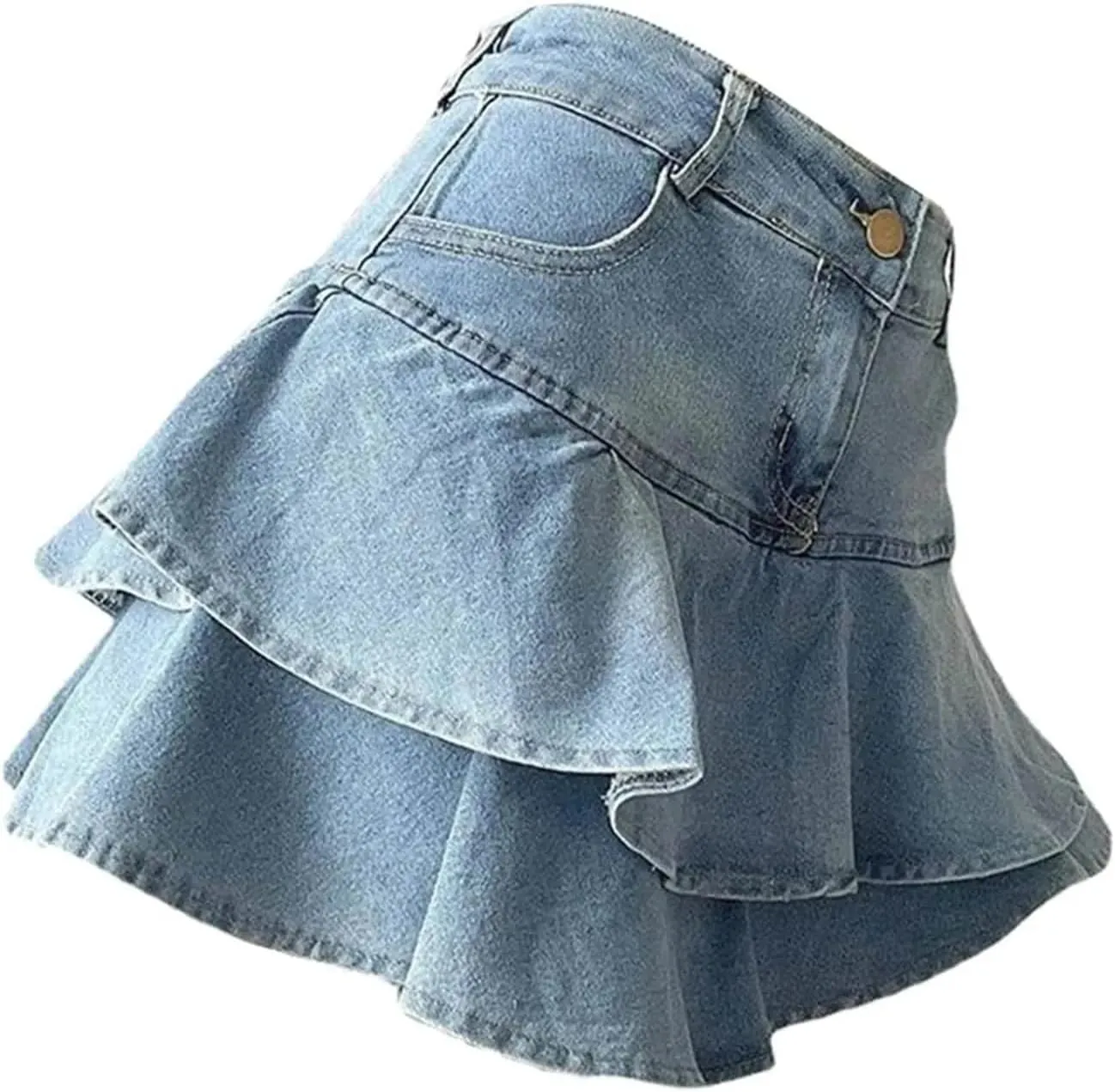Women Ruffles Double Layer High Waisted Denim Skirt Blue Irregular Loose FIT A-Line Mini Jeans Skirt