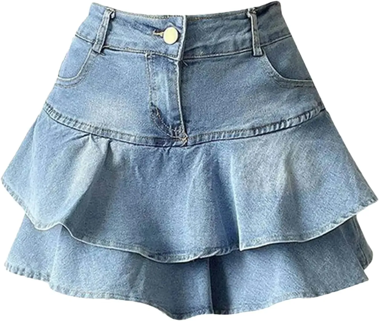 Women Ruffles Double Layer High Waisted Denim Skirt Blue Irregular Loose FIT A-Line Mini Jeans Skirt