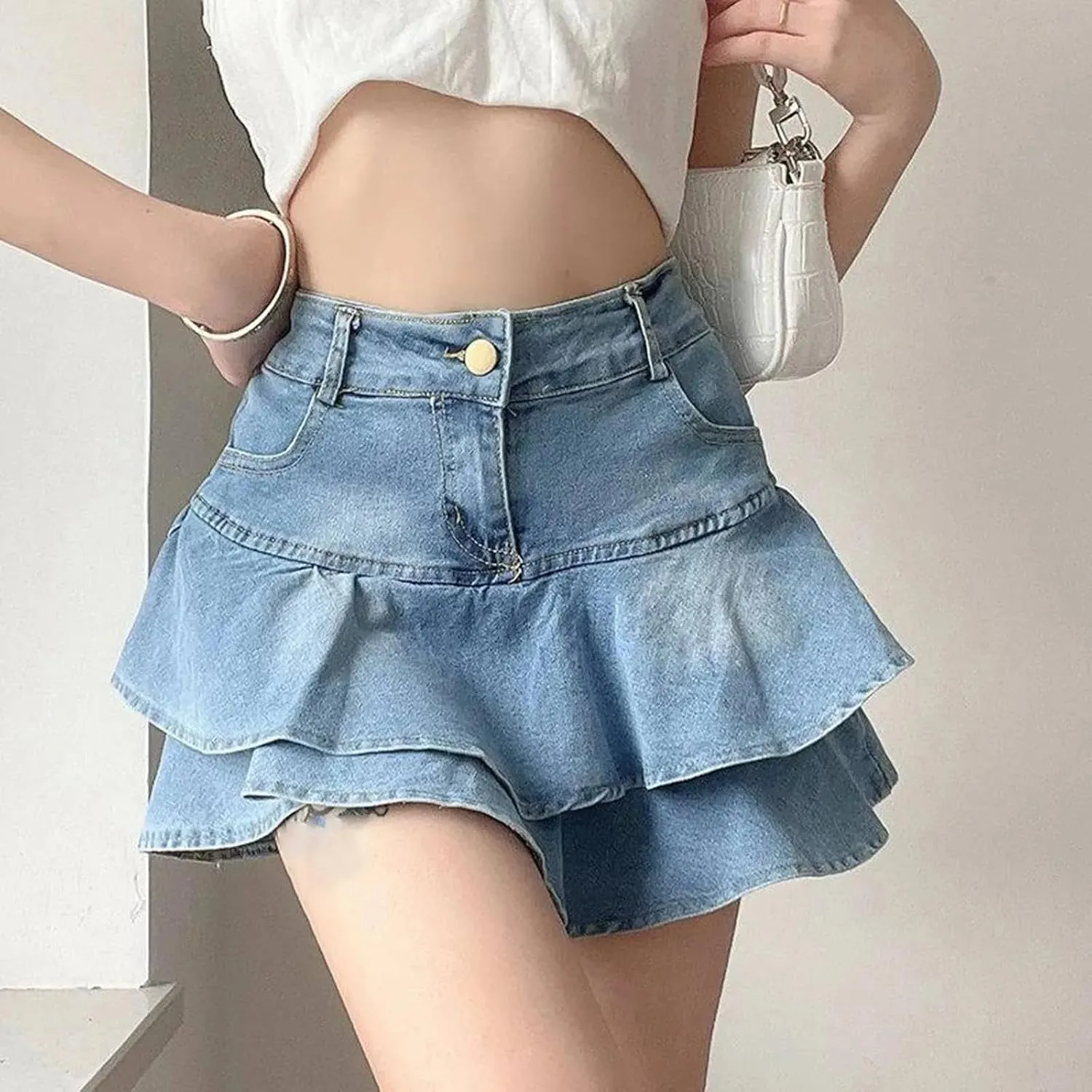 Women Ruffles Double Layer High Waisted Denim Skirt Blue Irregular Loose FIT A-Line Mini Jeans Skirt