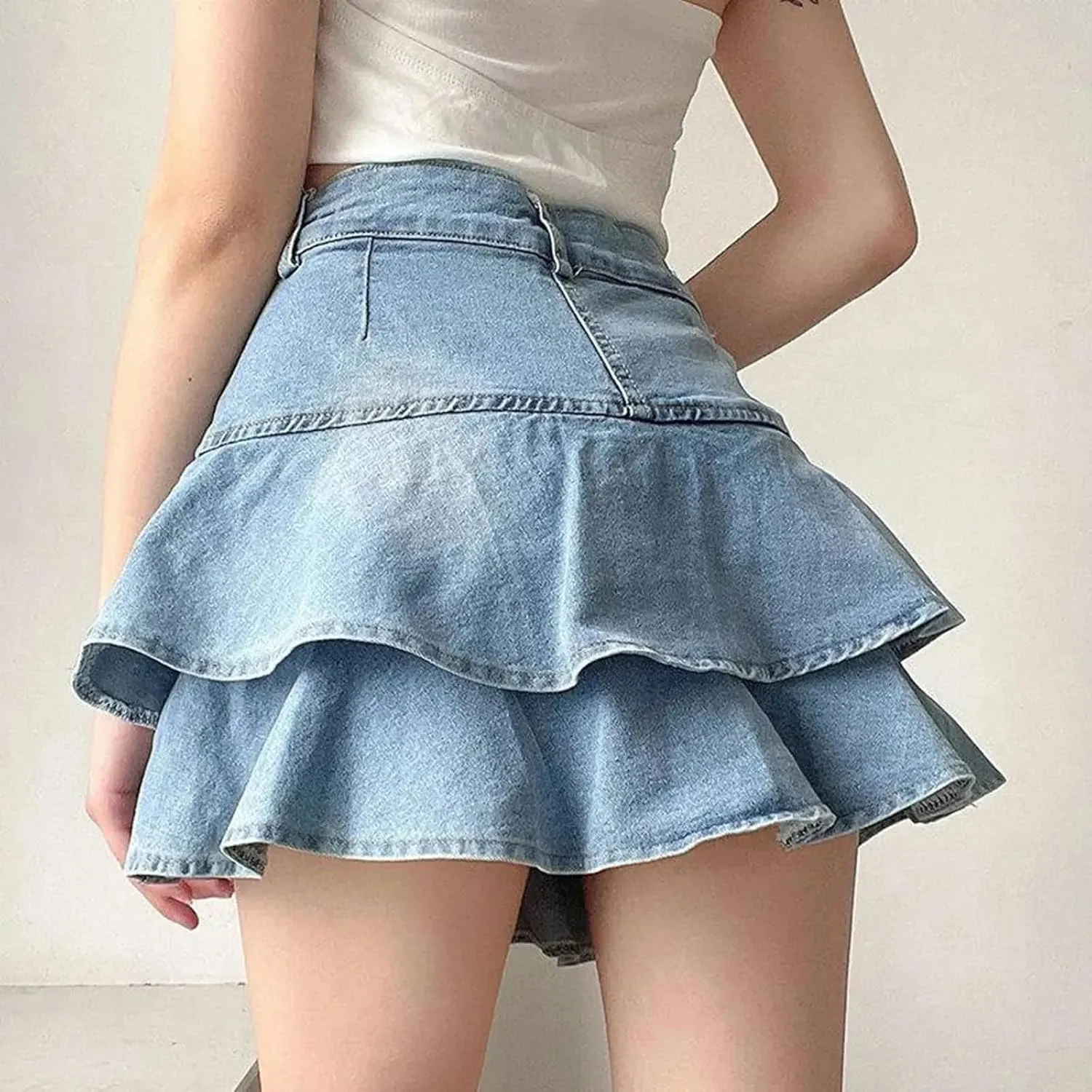 Women Ruffles Double Layer High Waisted Denim Skirt Blue Irregular Loose FIT A-Line Mini Jeans Skirt