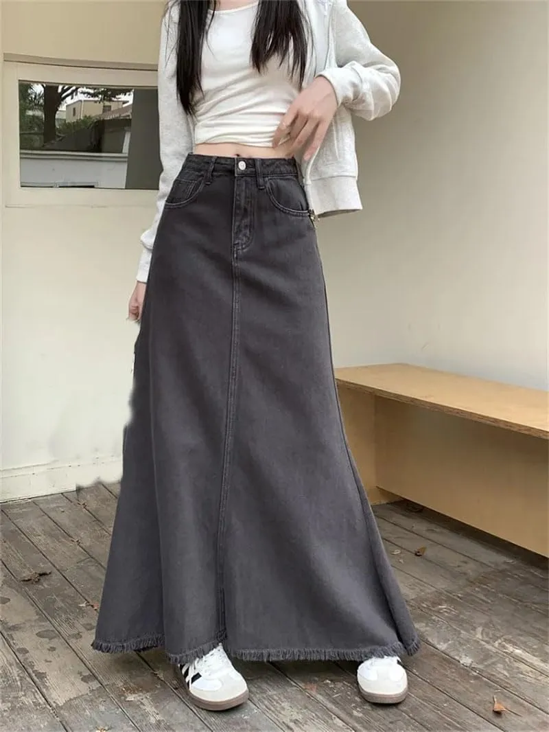 Women Solid Denim Skirt Vintage High Waist Y2k A-Line Jean Trumpet Skirts
